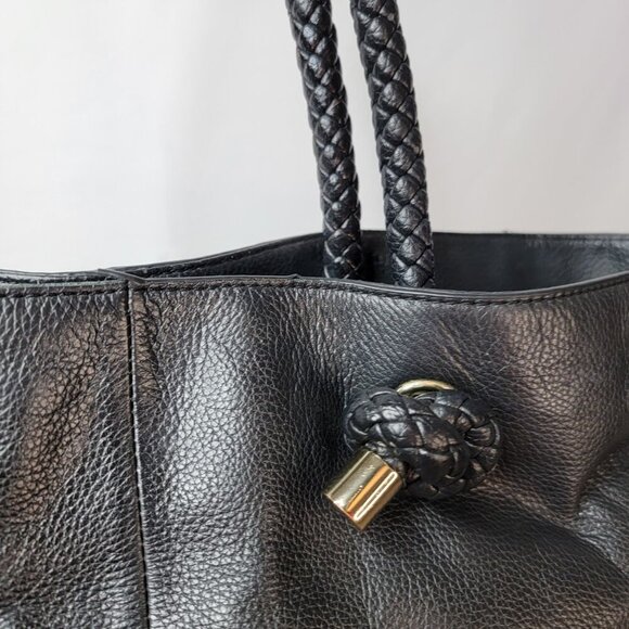 Clarks Black Leather Tote – Braided Handles, Front Zip Pocket | Everyday Carry - Picture 6 of 9